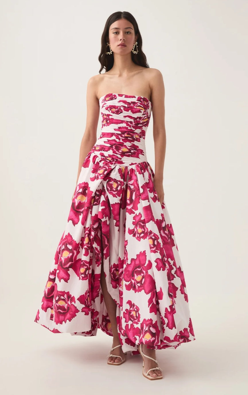 Aje Behold Maxi Dress in pink floral front view with white background.