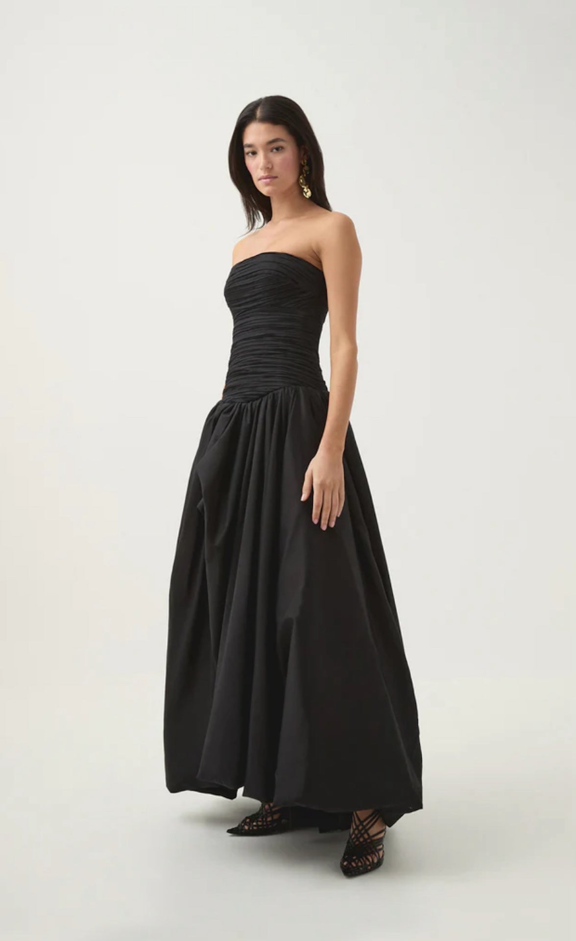 Aje Violette Bubble Maxi Dress Black side view against white background