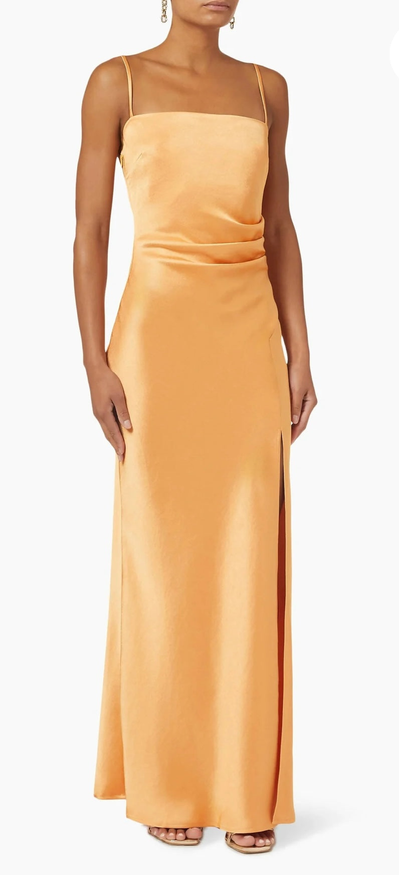 Nec & Bridge Nadia Maxi Dress in Tangerine with tuck ruched detail front and narrow straps. 