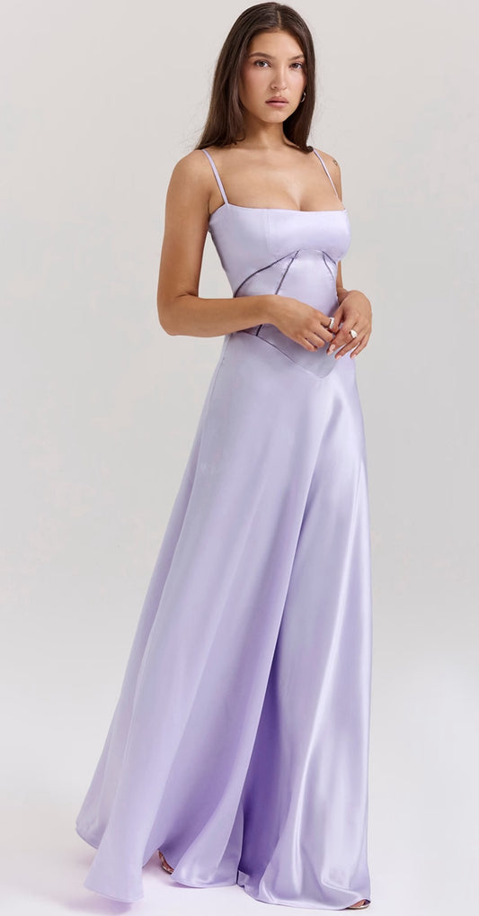 House of CB Anabella dress in lilac Orchid worn by brunette model in front of a white background