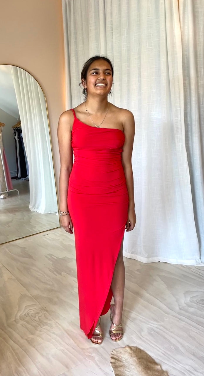 Red one shoulder store gown